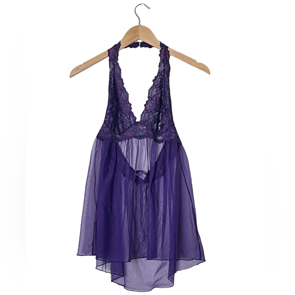 Frederick’s of Hollywood | Purple lace mesh halter lingerie size medium